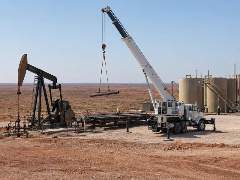 Crane working on an oilfield pad beside pumpjacks